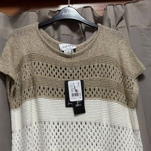 Joseph Ribkoff Metallic Knit Colorblock Top - Gold & Cream